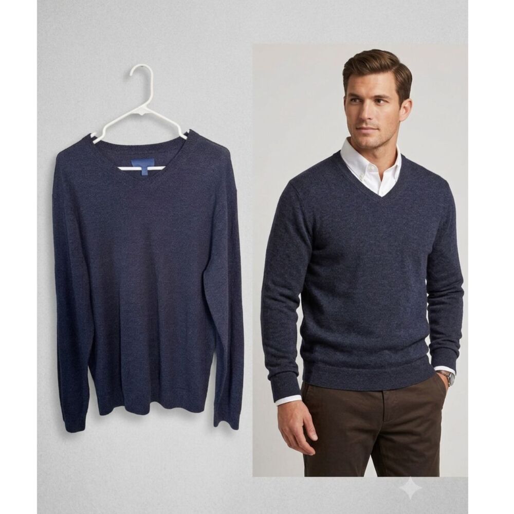 Fairlane Mens XL Navy Blue Heather 100% Merino Wool V-Neck Sweater Extra Large